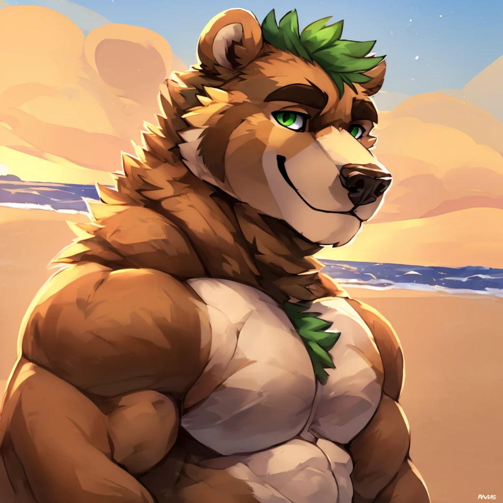 A muscular, caramel brown colored fur anthropomorphic grizzly bear, green eyes, green hair, closed smile, bara bear, beach background, high quality furry art.