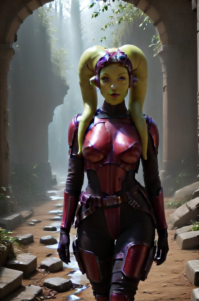 a ((fall body)) (((hera syndulla))) ((green skin )) ((female twi'lek ))mandalorian,walking on snow coverd ruins , ((green fire eyes )) , beautiful detailed eyes, beautiful detailed lips, extremely detailed face, long eyelashes, mandalorian armor, sci-fi, cinematic lighting, dramatic, epic, intricate details, hyper-realistic, 8k, high-quality, photorealistic