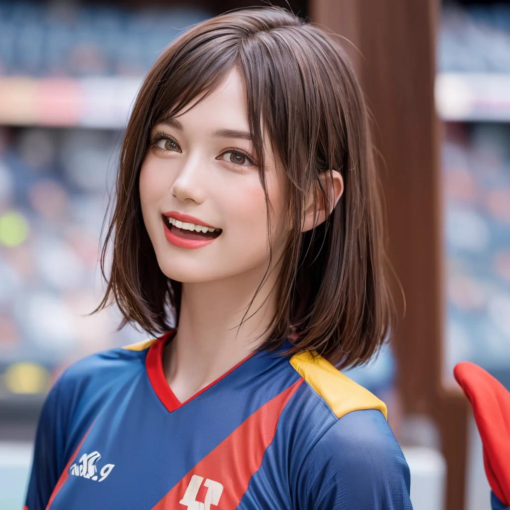 (Highest quality、8k、32K、masterpiece)、(Realistic)、(Realistic:1.2)、(High resolution)、Very detailed、Very beautiful face and eyes、(((Female solo shot)))、Frame In、Tight waist、(Highest quality、Attention to detail、Rich skin detail)、(Highest quality、8k、Oil paints:1.2)、(Realistic、Realistic:1.37)、Bright colors、(((Bust Shot)))、(((short hair)))、(((Laughter)))、(((Brown Hair)))、(((Soccer uniforms)))、(((ピンクのSoccer uniforms)))、(((Football Stadium)))、(((Enthusiastic audience)))、(((Uniform without lines)))、Short sleeve uniform、There are no lines on the sleeves
