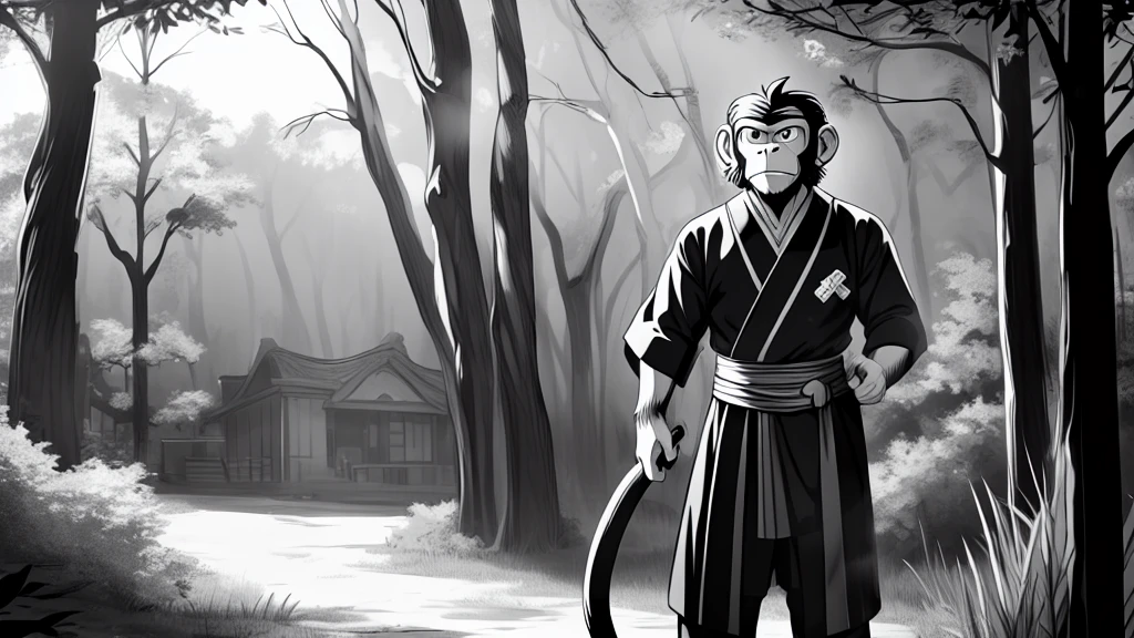 ((Masterpiece, high quality, best graphics, high definition, high definition, 4k)), old photo, vintage photo, 1 Monkey boy, (Solo), (((monkey ears, monkey tail))), ((upper body)), Wooden Katana in right hand, old samurai suit, old samurai pants, (ribbon on waist), wooden sandals, looking away, standing, (((monochrome, grayscale, pencil style, old movie style, noise, VHS movie, anime style))), (forest background, trees, tree shadow, grass, (((Saru to kani no Gassen anime 1917 style))).