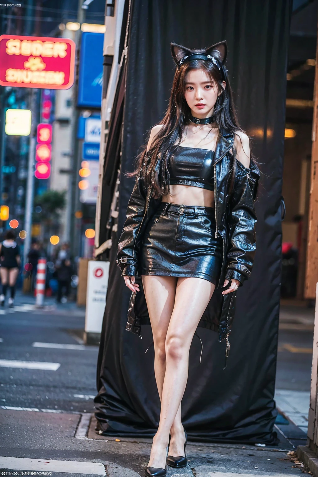 Full body of anime girl with long hair and cat ears in the city, delicate face, beautiful face, 4K Ultra HD, masterpiece, digital cyberpunk anime art, cyberpunk anime girl mech, female cyberpunk anime girl, cyberpunk anime girl, anime cyberpunk art, cute cyborg girl, Digital Cyberpunk - Animation Art, cyberpunk anime art, oppa cyberpunk, animation style 4k, perfect android girl, cyberpunk beautiful girl, beautiful girl cyborg