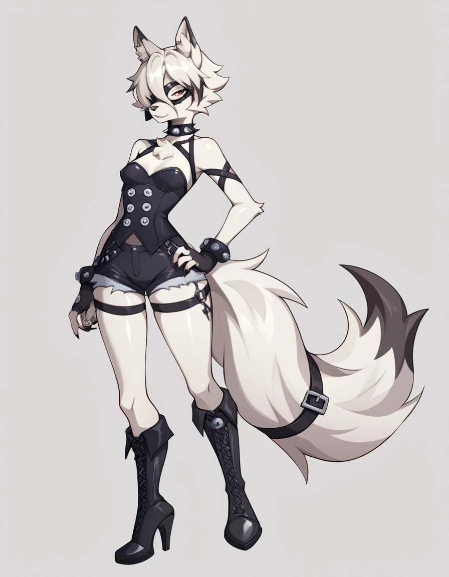 Solo, Score_9, score_8_up, score_7_up, source_anime, von_lycaon_(zenless_zone_zero), Anthro, source_furry, Anthro furry white wolf, all white furry body, standing, female, feminine, small breasts, wearing black corset, black short shorts, black stiletto boots, seductive, simple white background