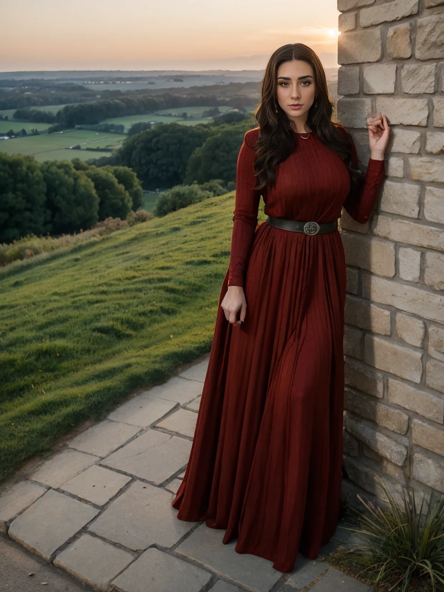 Gorgeous and sultry busty athletic (thin) brunette queen with sharp facial features wearing a modest updo, dark red medieval dress, long sleeves, intricate patterns, scrollwork, wide neck, crown, veil, long dress, modest dress, tight bodice, silver belt, (waist chain), medieval jewelry, Middle Ages, castle, rampart, wall, exterior, on top of a castle wall, trees, countryside, evening, sunset.