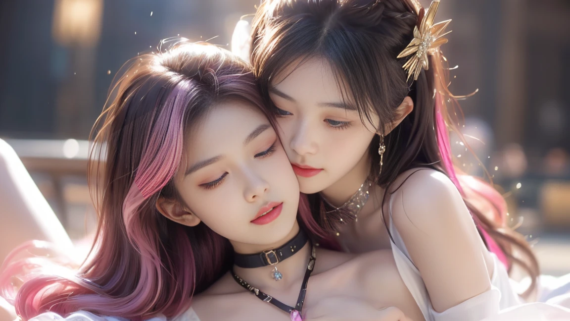 (2girls, 15yo Japanese girls),yuri, 2girls, (kiss), (female masturbation:1.5),(Panting face with closed eyes), bondage,linked collar, skindantation, shy, red cheek, in cave, Realistic:1.2),shenzi,long hair,(pink hair:1.2),purple eyes,(very long hair:1.4),separated sleeves,jewelry,wide_sleeves,(hair_ornament:1.4),( nsfw, breasts out, puffy nipples),(1 pussy), ((cum)), ((cum in pussy)), , one mole under eye, glowing eyes, piercing eyes,(hiqcgbody:0.3), (hiqcgface:0.3), epic, (royal palace), royal, ((rich, prestige)),pussy, pussy juice(There is white viscous liquid flowing out of the vulva:1.3),(sexual behaviour :1.5) ,(masterpiece, realistic, photo-realistic:1.2), finely detail, ultra high res, perfect anatomy, best quality, 8K, soft focus,((masterpiece, best quality)),utifully detailed face,ultra realistic 8k cg, charming, seductive, erotic, alluring, enchanting, deity, jewelry