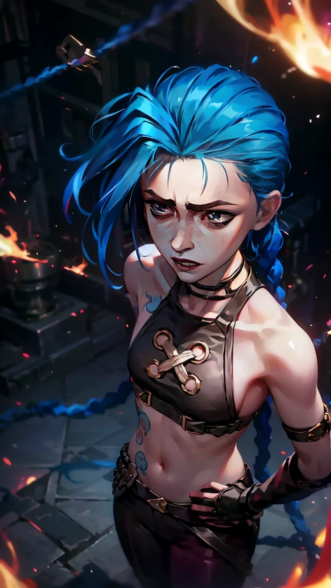 (masterpiece, Best quality), 1 girl, portrait very detailed face,, very sexy, full length (full body 1.1.), crazy look, smile, crying, pink tears, tears on the cheeks, tears from eyes, очень feminine, fighting stance, battle, fire, explosions, burning city, beautiful waist, gloomy composition, flame, fire, Flash, very beautiful, feminine, long hair, hair braided in long braids, very sexy, tight leather pants, emphasis on the eyes, emphasis on the face, Beautiful face, hands, Косаed ponytail, red purple eyes, Джинкс crying, Blue cloud tattoo, (masterpiece, Best quality), Side lighting, beautiful detailed eyes, crazy face), (Best quality), (masterpiece), magic photography, Spectacular lighting, photorealism, ultra detailed, intimate portrait composition, 1. 4,8 K UHD, aesthetic, Cd., a high resolution, 8 K, Better lighting, Best shade, Ultra-HD, a high resolution, Sharp Focus, complex background, cinematic lighting, ((Landscape view)), 4K block, (Better lighting), ((cinematic lighting)),