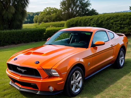 naked on the hood of an orange mustang, large and heavy bust slender body, perfectly detailed face and with a very nice garden background
