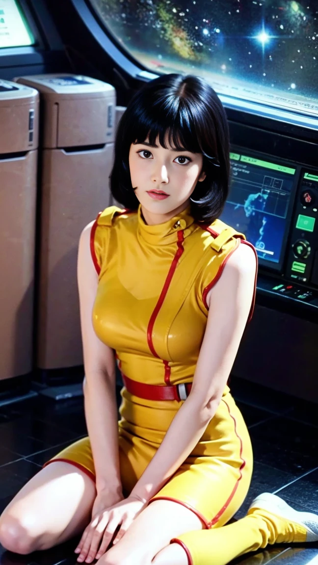 (8k、RAW Photos、Highest quality、masterpiece:1.2、Perfect Anatomy)、(Realistic、Realistic、Full body photo)、1 female、((A slightly sullen look))、short hair、(((A woman in her 30s wearing a Fa Yuiri costume)))、(Being inside a spaceship、Sitting)