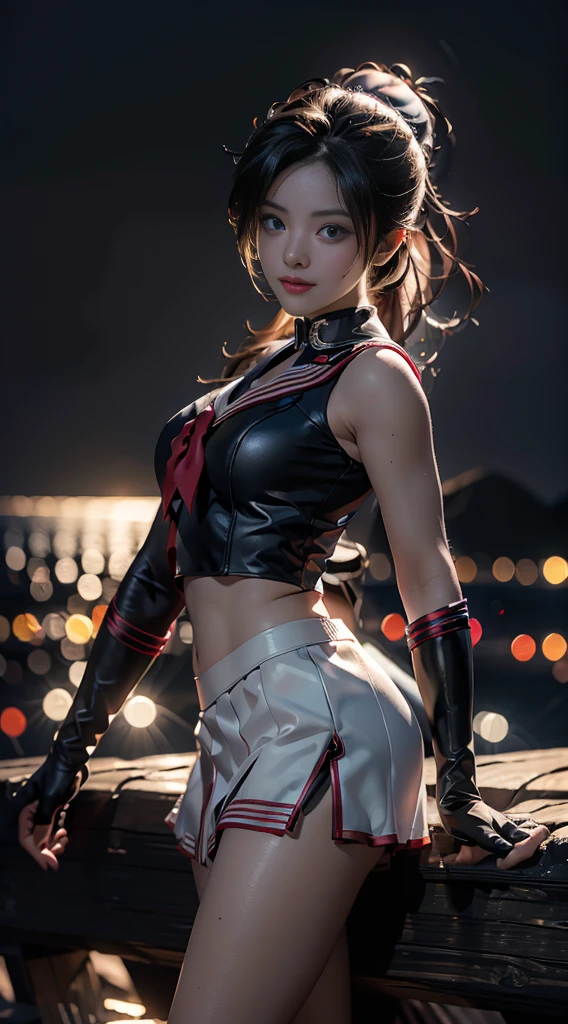 (Extreme detail CG Unity 8K wallpaper, masterpiece, highest quality), (exquisite lighting and shadow, highly dramatic picture, cinematic lens effect), (Sailor Moon: 1.1), charming smile, double tail, blue eyes, black hair, tight top, RED gloves, mini skirt, dynamic pose), the background is the universe (excellent detail, excellent lighting, wide angle), (excellent rendering, enough to stand out in its class),all,whole body,whole