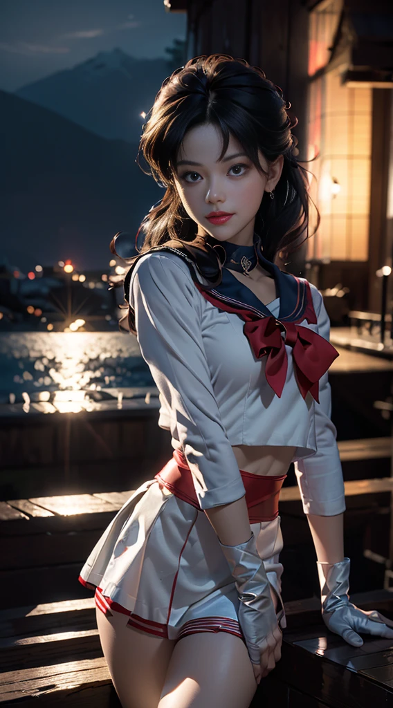 (Extreme detail CG Unity 8K wallpaper, masterpiece, highest quality), (exquisite lighting and shadow, highly dramatic picture, cinematic lens effect), (Sailor Moon: 1.1), charming smile, double tail, blue eyes, black hair, tight top, RED gloves, mini skirt, dynamic pose), the background is the universe (excellent detail, excellent lighting, wide angle), (excellent rendering, enough to stand out in its class),all,whole body,whole