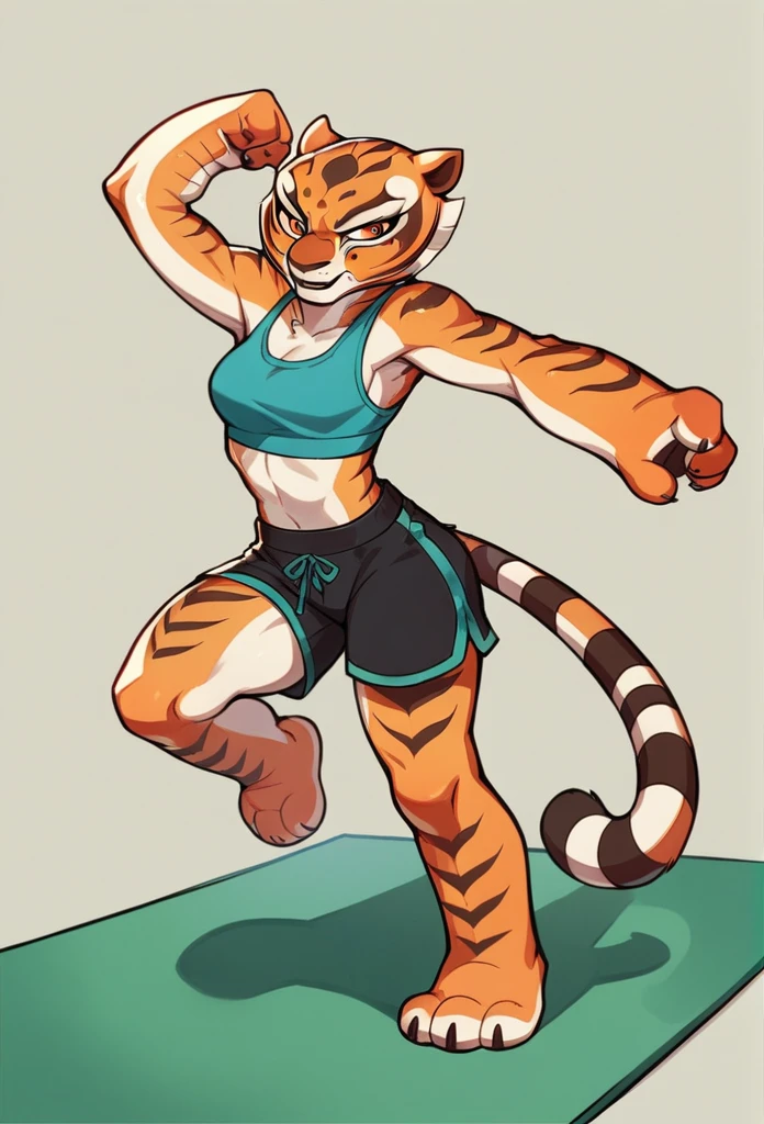 Kung Fu Panda, Master Tigress, Pose, Yoga, wearing black shorts, gets punched in the shorts,