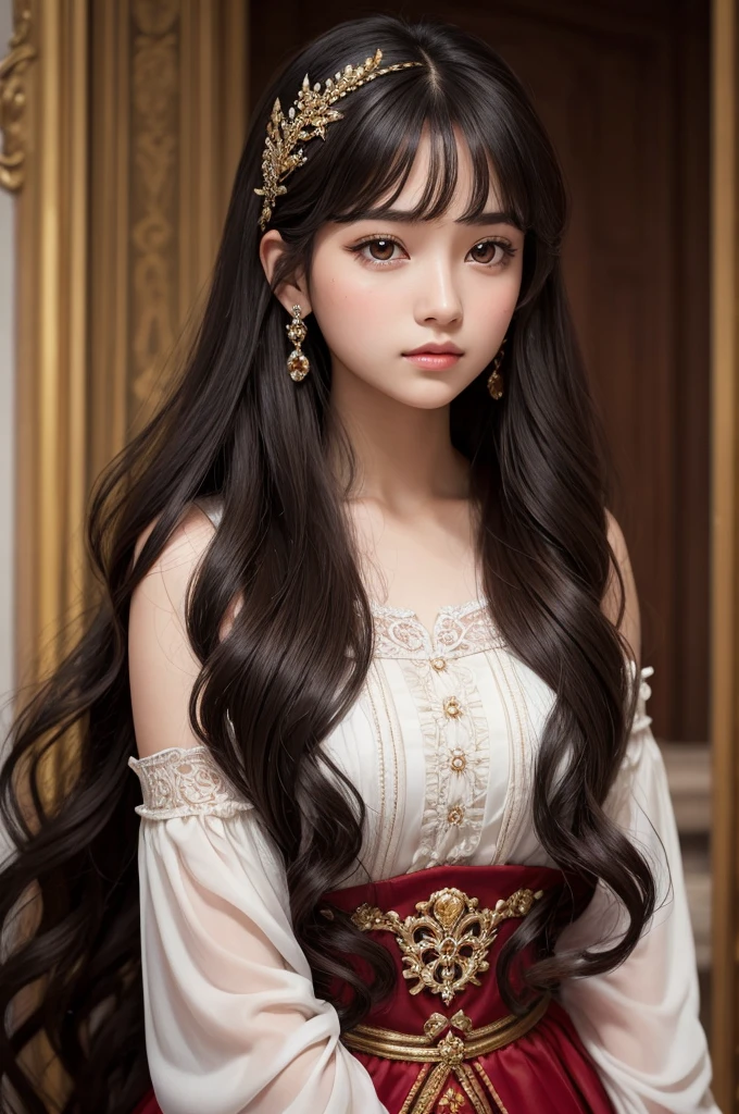 A young woman princess with long wavy black hair and with dark brown eyes