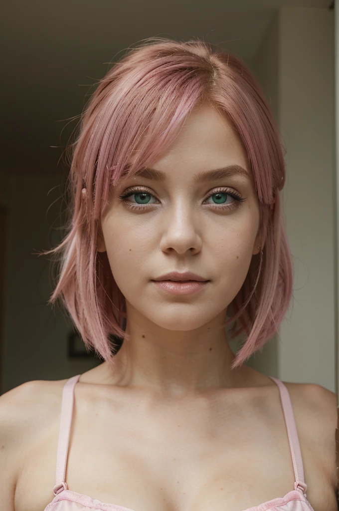 masterpiece, Best quality, 1 girl, pink_hair, green_eyes, ,