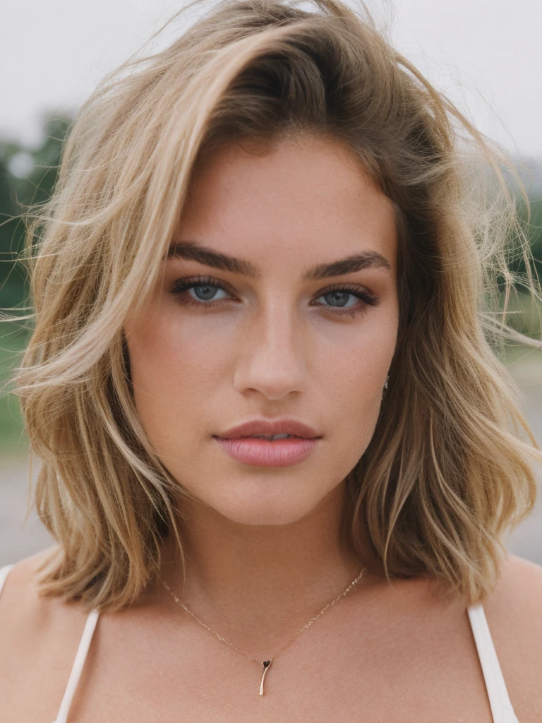 a beautiful 23-year-old woman, victoria secret, top model, pose for the picture, makeup, ((medium large breast)), blonde, messy hair, short hair, necklace, film grain, retro, Porta 160 color, shot on ARRI ALEXA 65, Fujifilm XT-3