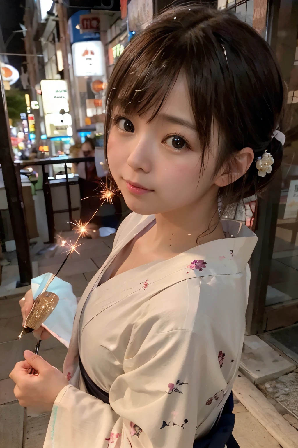 8K, RAW Photo, Best Quality, Masterpiece, Realistic, PhotoRealistic, Extremely Detailed 8K Wallpaper, Beautifully Detailed Eyes, Finely Detailed Face, 
 BREAK 
Professional Lighting, 
 BREAK 
(A Girl is Playing Japanese Sparkler with Extending Own Hand to the Viewer's Camera:1.6), Point Fireworks at Viewer's Camera:1.0, 
Light Evening, 
(in shibuyaSK), 
 BREAK 
Perfectly Anatomically Correct:1.3, 5 Beautiful finger:1.3, 
POV Shot, 
 BREAK 
1 Girl, Very Short Hair Bun:1.2, Japanese, Kawaii, Wide-Set Eyes, Very White Skinned, Blush, Embarrassed, -Yeld, 
wn Hair, Wet Hair, Messy Hair, Light Smiling, [Pouted Cheek], Open Mouse Slightly, Chin Up, 
(Japanese Yukata:1.4), 
Looking Back Viewer Up, 
[[Slightly Cleavage]], 
 BREAK 
[SFW:1.0, Non-Nipple:1.0], 
 BREAK 
High Angle shot, Face Focus:1.1, Bokeh:1.2, (from Back:1.1, from Side:1.1, from Above:1.0), Dynamic Angle