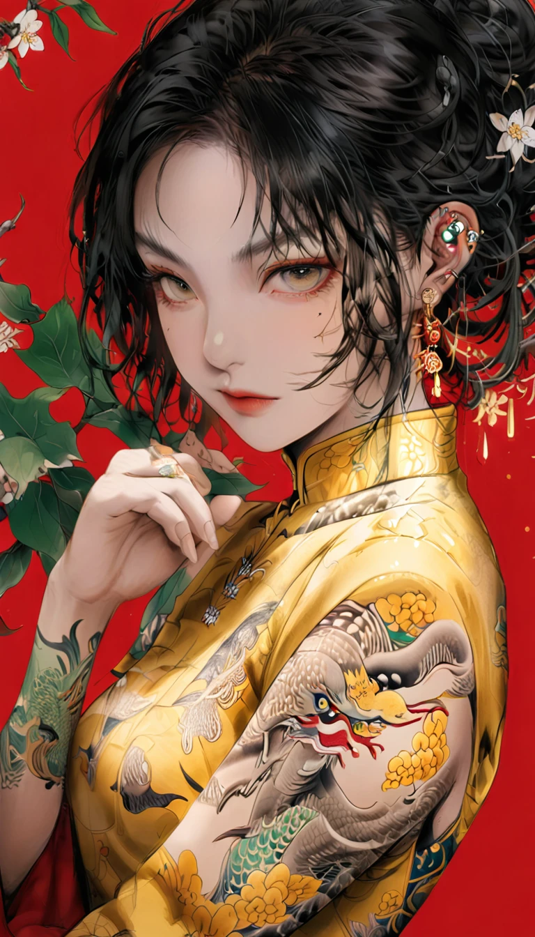 Chinese Beauty, Charming temperament, cheongsam, Clear face, beautiful eyes, Around osmanthus flowers, A masterpiece of perfect body structure proportions, Very detailed, Epic creation, Color Tattoo Art, Neo-Traditional Tattoo Art, SD tattoo design, Color Tattoo Art, mystery、enthusiasm、Friendly atmosphere, Surrealism, Ultra HD, high quality, best quality, 32K --v 6