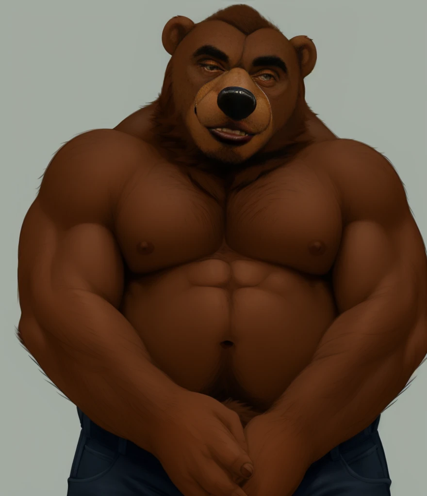 A man\hairy\Brown Bear/one person， Brown bear&#39;s face\male\grow a beard\（（fluffy white beard））\black brow hair\extra very short hair， 1 mature male， Muscular male body screen））， alone， hairy， Thick thighs， Hairy thighs， Thick arms， Hairy arms， Large pecs，， pink ， Beer belly， There  hair on the belly， single screen， full screen， toy doll\Brambleman\brown fur，Brown bear&#39;s face\male\grow a beard\black brow hair\extra very short hair，（（muscular man））， brown hair\extra very short hair， Feet exposed\Theropods\huge， hands exposed\bear claw\huge， Upper body exposed\great abraraf， cans&#39;s suspender smile， Intricate fur details，iris details， Student details， eye reflex， super wide angle， panoramic， Ray tracing， ， surreal， high detail， 16K， Super details， textured fur， anatomically correct， masterpiece， ultra high definition， retina， Reference table ，masterpiece， best quality， 最high detail， HD quality， Color proofing， fluorescence， Stylish gray， （（（White background））），