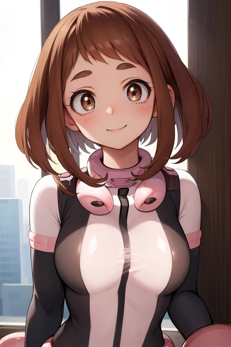 ochakouraraka, ochako uraraka, (uraraka ochako:1.5), (brown eyes:1.5), brown hair, short hair, blush, blush stickers, smile, BREAK (bodysuit:1.5), skin tight, superhero, BREAK outdoors, city, BREAK looking at viewer, BREAK (masterpiece:1.2), best quality, high resolution, unity 8k wallpaper, (illustration:0.8), (beautiful detailed eyes:1.6), extremely detailed face, perfect lighting, extremely detailed CG, (perfect hands, perfect anatomy),