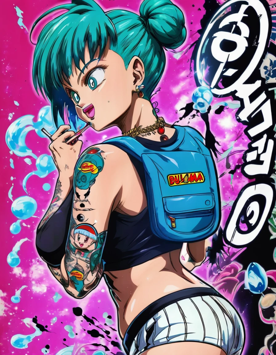 0zy Bulma with tattoos, looking raunchy, chewing gum. With capsule corp logo on skimpy blouse.
