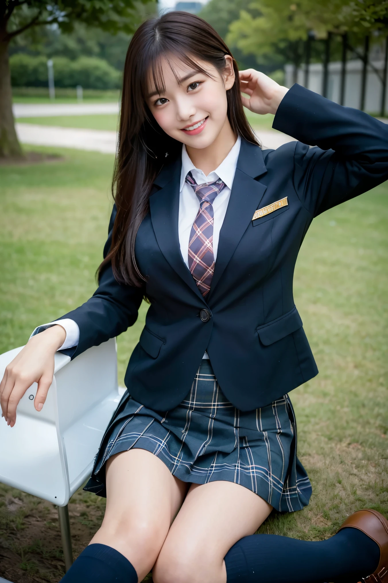 (8K), (highest quality: 1.2), (Realistic), (Realistic: 1.37), Ultra-high resolution, 1 girl, cute, (Embarrassed smile:1.2), (Blushing:1.4),Mouth closed, Beautiful details, Beautiful Nose, black straight Hair, giant dulcefo, pork, Thighs,Navel exposed,University Student Uniform,A simple blazer,Pleated skirt,(The skirt and tie are tartan check pattern.:1.3),(sitting on a park:1.2),(Shiny Thighs:1.2), medium shot , (dark blue school socks:1.2)