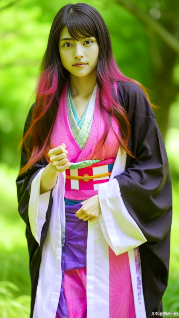 Cute Japanese woman, (16 years old), (Very cute face: 1.3), White moist skin, Looking at the camera, Melancholy expression,
BREAK,
Idol,
BREAK,
(Wearing cute kimono: 1.3), (Highly revealing kimono), Very large earrings, Short length,
BREAK,
(Fighting pose: 1.3),
BREAK,
(Long hair), (Pink hair: 1.2), (Wavy hair), (Gradient hair: 1.3), (Red hair at the ends),
BREAK,
(Realistic: 1.3), Masterpiece, Perfect lighting, (Ultra-high resolution), (8K), (Very detailed: 1.4), (From the front), (Full body: 1.4), (Symmetrical: 1.2),
BREAK,
(Shibuya city in Japan: 1.2),
BREAK,
(Demon Slayer: 1.4),
BREAK,
(Kasumi Arimura: 1.4),