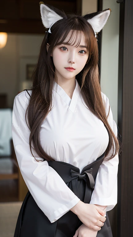 crossdressing,tsurime,orange eyes,fox_ears,Fox tail,red_hair,Low-tied long hair,hanfu,1boy, huge breast