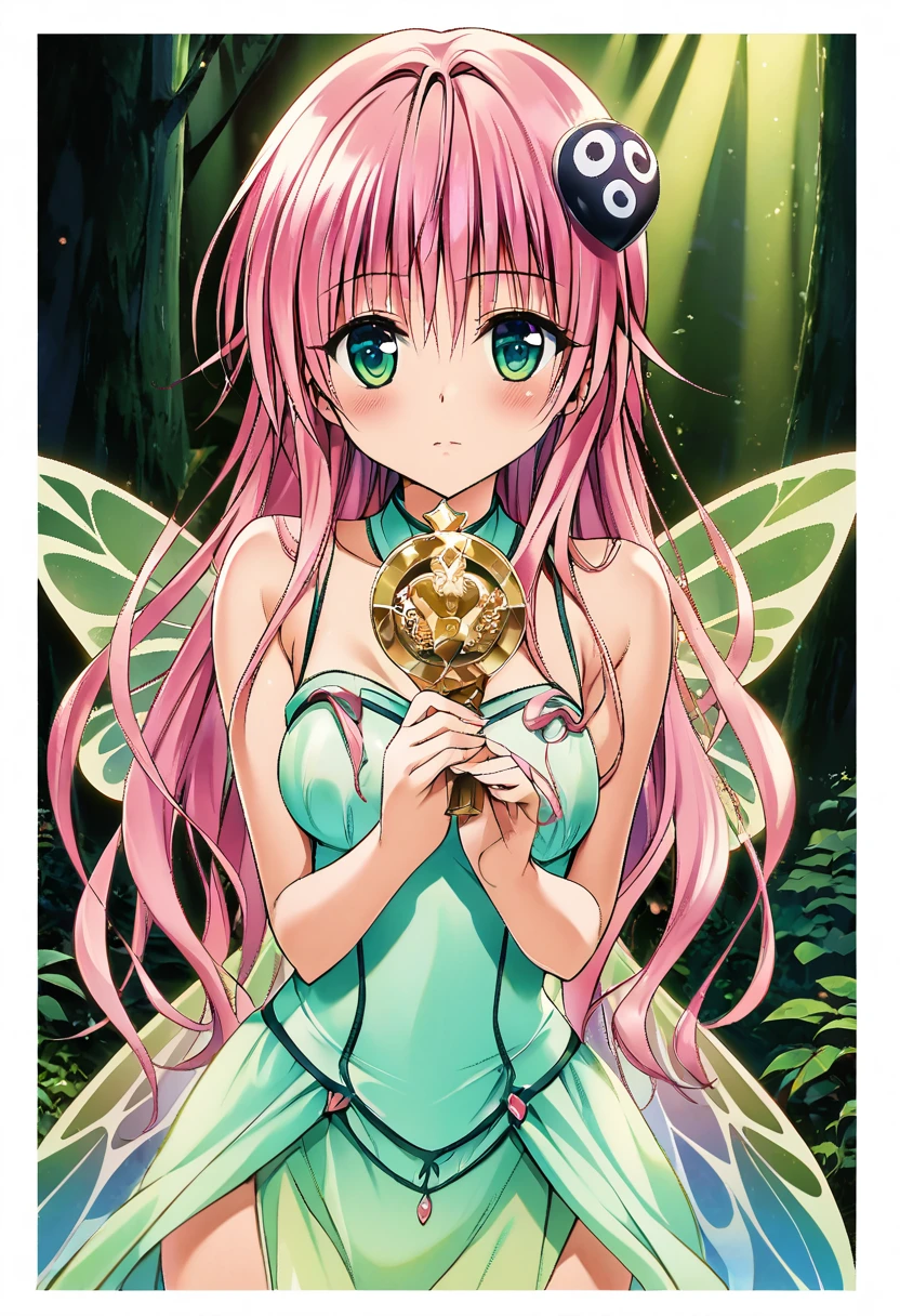 ,One girl, Lara Satalin Deviluke,pink long hair,green eyes,hair ornament,iridescent colors, fairy wings, magical forest,Style of Yabuki Kentaro, To Love-Ru art style,masterpiece, highest quality,  Official Art, grand plix award illustration, absurdres,Professional Lighting