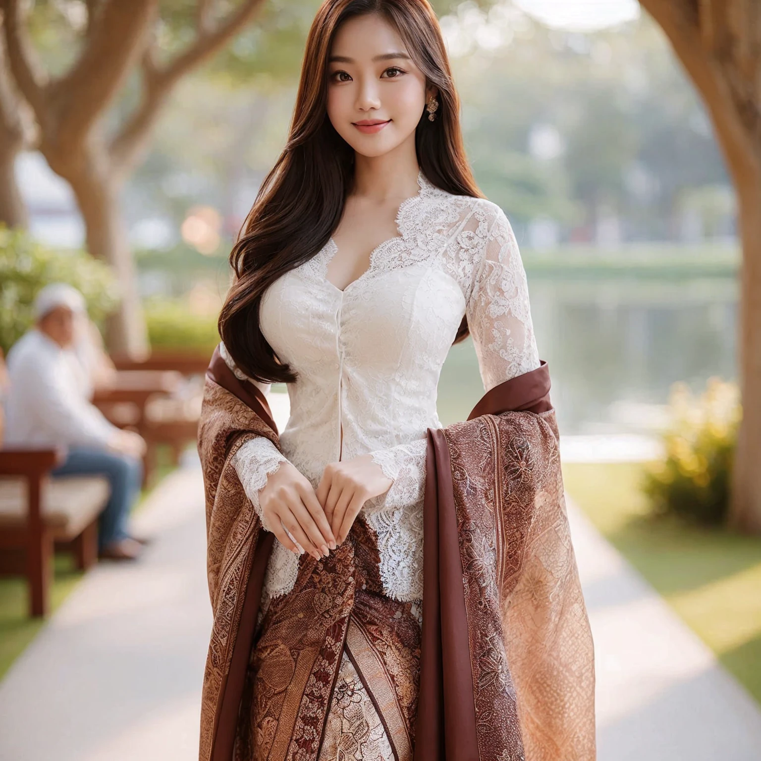 Create a realistic, visual of a indonesian woman (slightly overweight), standing elegantly in a beautifully decorated room. She is wearing traditional Indonesian attire, consisting of a white lace fitted kebaya with v deeps cuts, a batik sarong with intricate patterns, and a brown scarf draped over her shoulders. Her long hair cascades over her shoulders, and she wears a delicate smile, exuding grace and poise. The background is park complements the warm and inviting atmosp