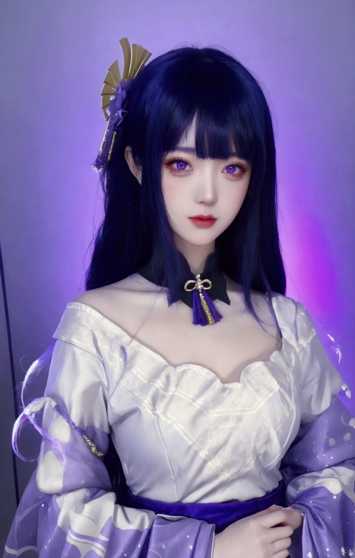 ulzzang-6500-v1.1,(raw photo:1.2),((photorealistic:1.30)), ((best quality)) ,((masterpiece)),((Ultra High Resolution)), ((Clear View)),,Ultra-high resolution,Clear face,(Reality:1.4) , illustration, an extremely delicate and beautiful, extremely detailed ,CG ,unity ,8k wallpaper, Amazing, finely detail, masterpiece,best quality,official art,extremely detailed CG unity 8k wallpaper,absurdres, incredibly absurdres, huge filesize, ultra-detailed, highres, extremely detailed,beautiful detailed girl, extremely detailed eyes and face, beautiful detailed eyes,light on face,cinematic lighting, 1girl, 独奏, long hair, purple hair, bangs, hair ornament, purple eyes, dress,