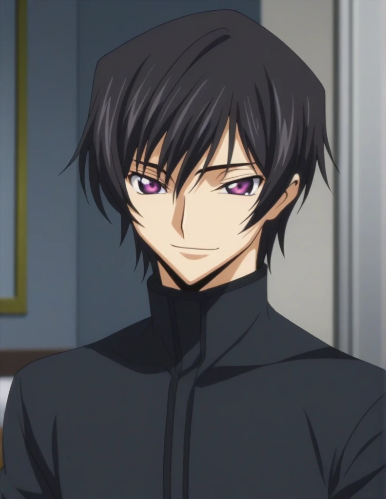 score_9, score_8_up, score_7_up, source_anime, rating_safe, intricate details, anime screencap, , , looking at viewer, depth of field, 1boy, solo, male focus, lelouch_lamperouge, black hair, purple eyes, bangs, smile, cute, black pajamas costume, castle, bed room, night.