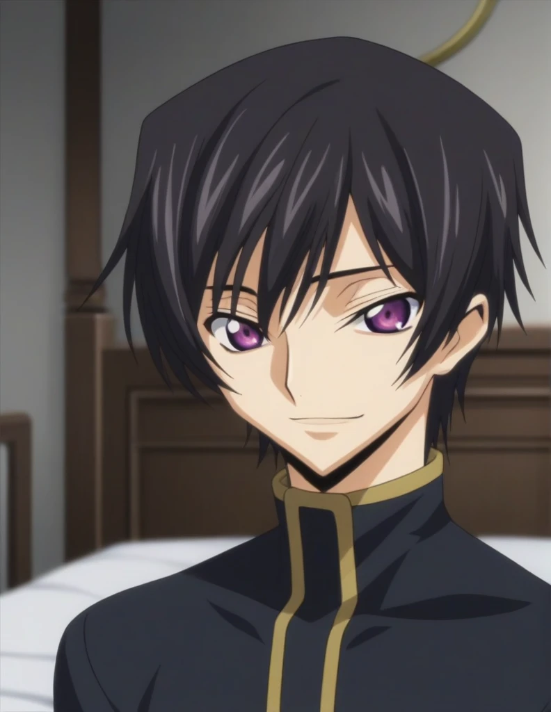 score_9, score_8_up, score_7_up, source_anime, rating_safe, intricate details, anime screencap, , , looking at viewer, depth of field, 1boy, solo, male focus, lelouch_lamperouge, black hair, purple eyes, bangs, smile, cute, black pajamas costume, castle, bed room, night.