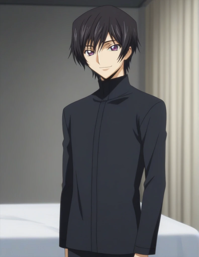 score_9, score_8_up, score_7_up, source_anime, rating_safe, intricate details, anime screencap, , , looking at viewer, depth of field, 1boy, solo, male focus, lelouch_lamperouge, black hair, purple eyes, bangs, smile, cute, black pajamas costume, castle, bed room, night.