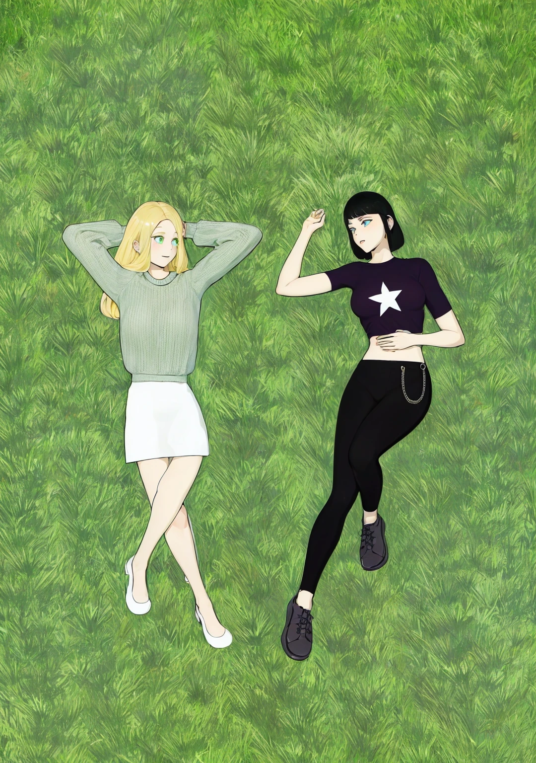 2 girls lying on the grass? high resolution, one is blonde with long hair, has green eyes and is smiling, and the other has short black hair and blue Asian eyes and she has a shy look of surprise with her face flushed red., they are looking at each other&#39;s faces.