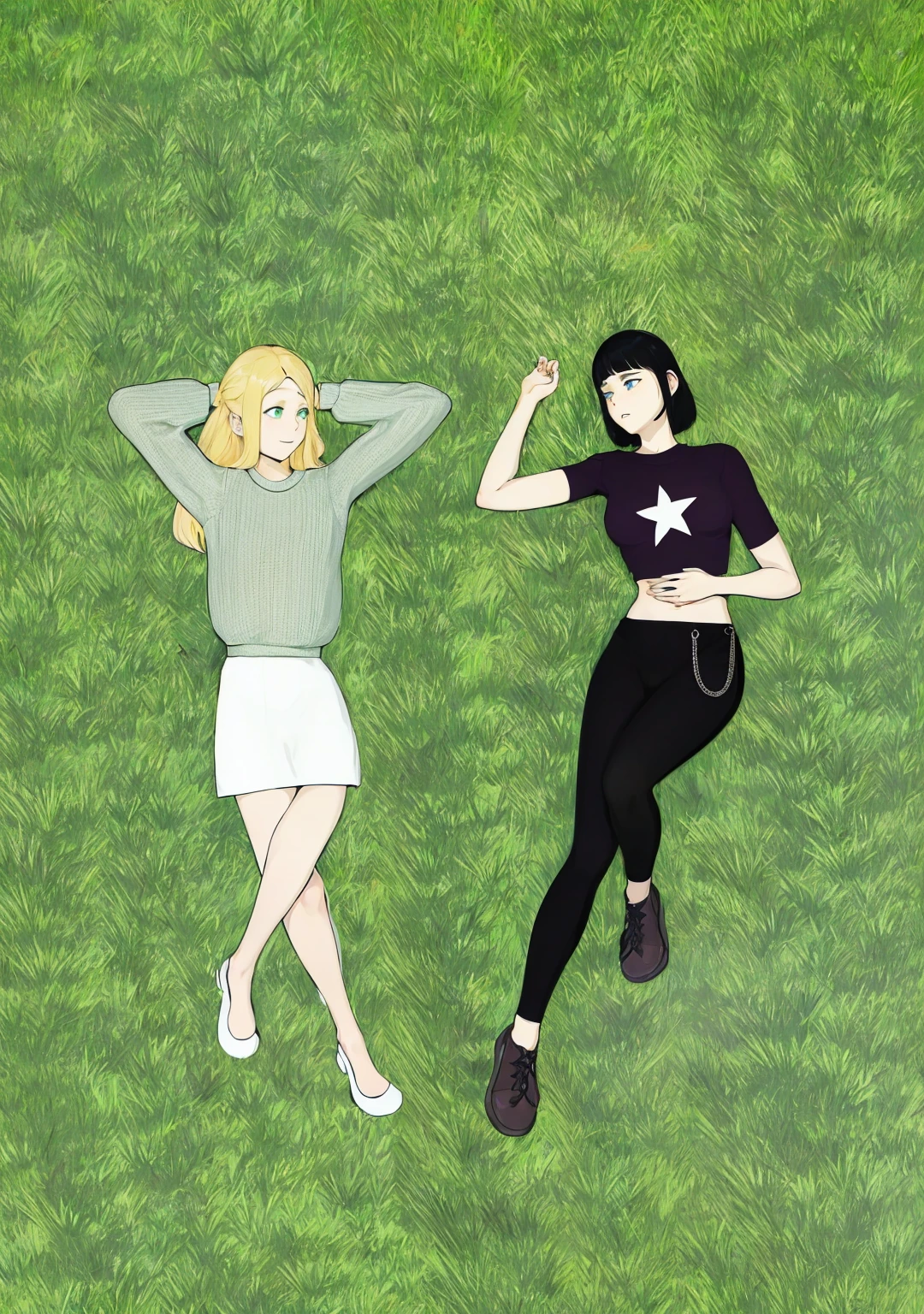 2 girls lying on the grass? high resolution, one is blonde with long hair, has green eyes and is smiling, and the other has short black hair and blue Asian eyes and she has a shy look of surprise with her face flushed red., they are looking at each other's faces.