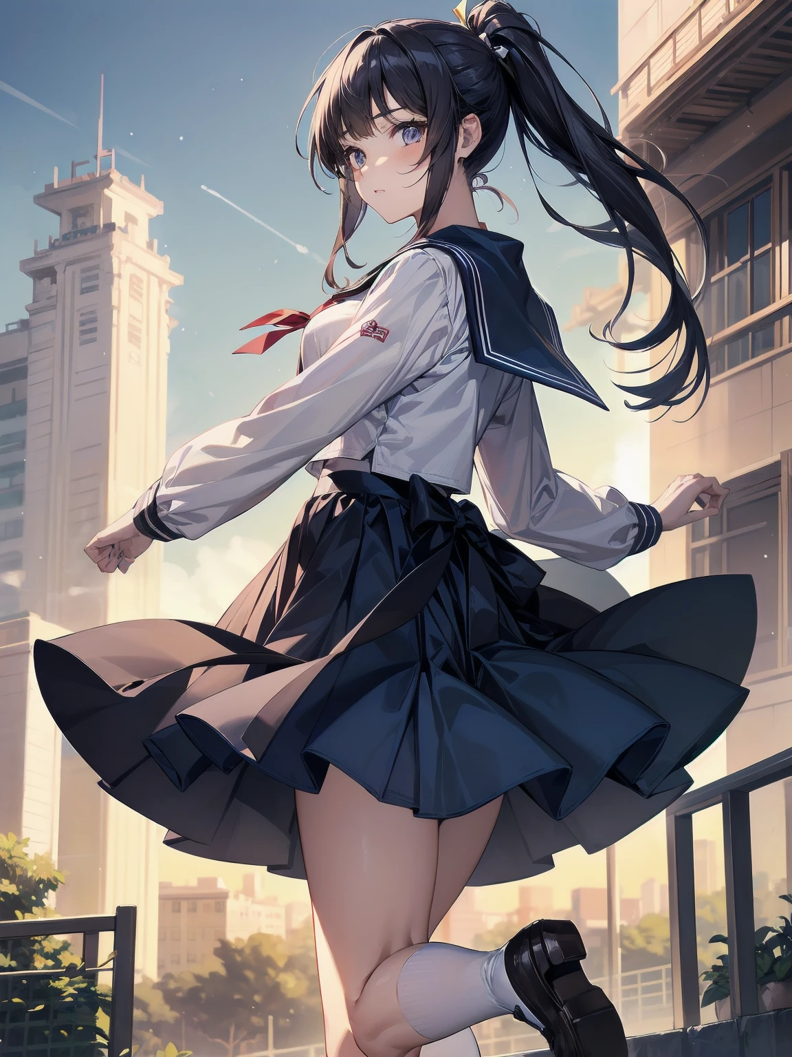 Masterpiece, illustration, super detailed, kawaii, one girl, 独奏, slender 14 year old, Japanese girl, chou chou, ribbon, nape of neck, low ponytail, cute pose in Less revealing attire, (Sailor uniform from Girls' Saint Academy, navy blue, white with 3 lines on collar), priss skirt, white socks, loafers, , Long Sleeves, White innerwear for sailor suit, living room, cowgirl shot, sfw, dynamic angle、Close-up on the characters、(building, city、A dense fog of fluorescent particles、1800Era、Japanese Style、Fiction、grow、Overwhelming、Detailed street)、A beautiful girl with a beautiful background and a super cute pose