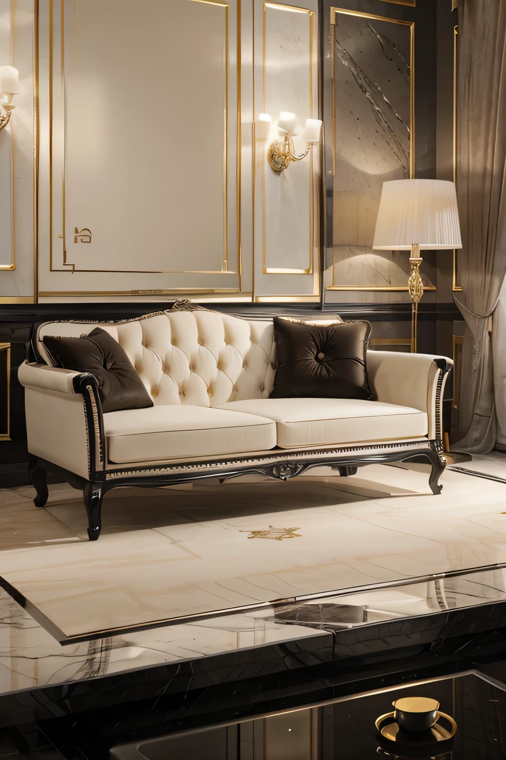 Professional 3D architecture rendering design of modern and French light cream velvet sofa with black slab stone middle table and high details and quality and elegant furniture and showing complete furniture