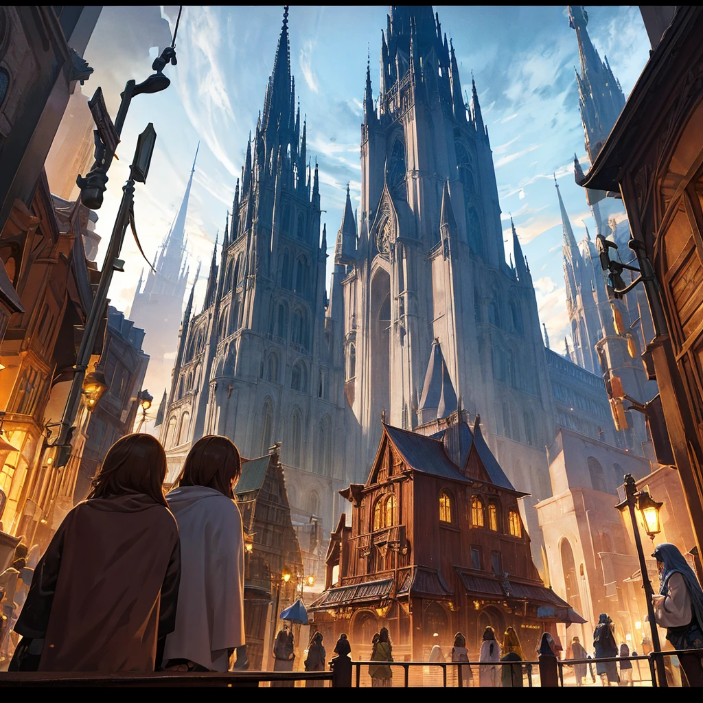 medieval fantasy capital's town streets, crowded, dark wood, all Time sets variety, and variety of details, anime Style ilustratión, Creative and original , high quality, realistic , detailed, perfect , 4k, Well steuctured