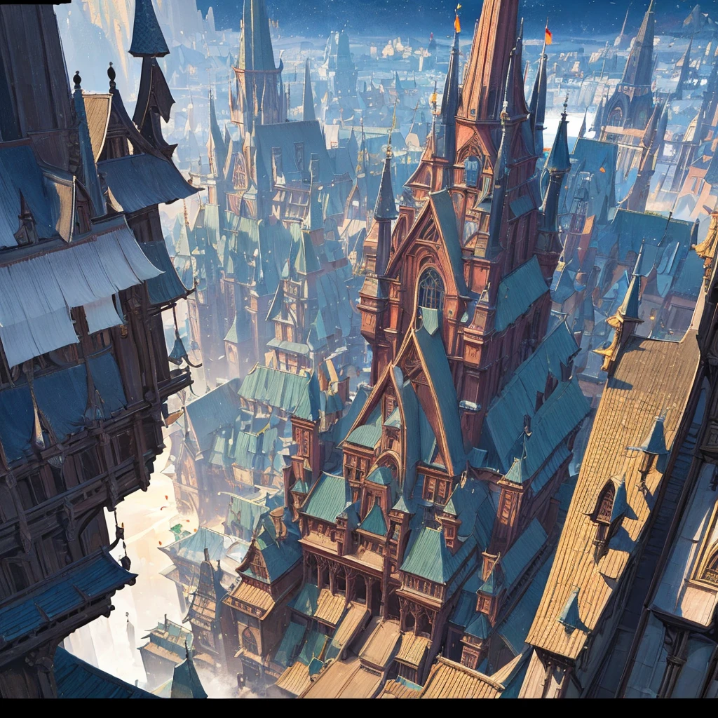 medieval fantasy capital's town streets, crowded, dark wood, all Time sets variety, and variety of details, anime Style ilustratión, Creative and original , high quality, realistic , detailed, perfect , 4k, Well steuctured