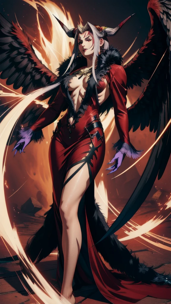 masterpiece, realistic, hyperrealistic, best quality, ultimecia, horns, red dress, plunging neckline, feather trim, black wings, facial marks, claws, full body, smirk, chaotic magic surrounding her