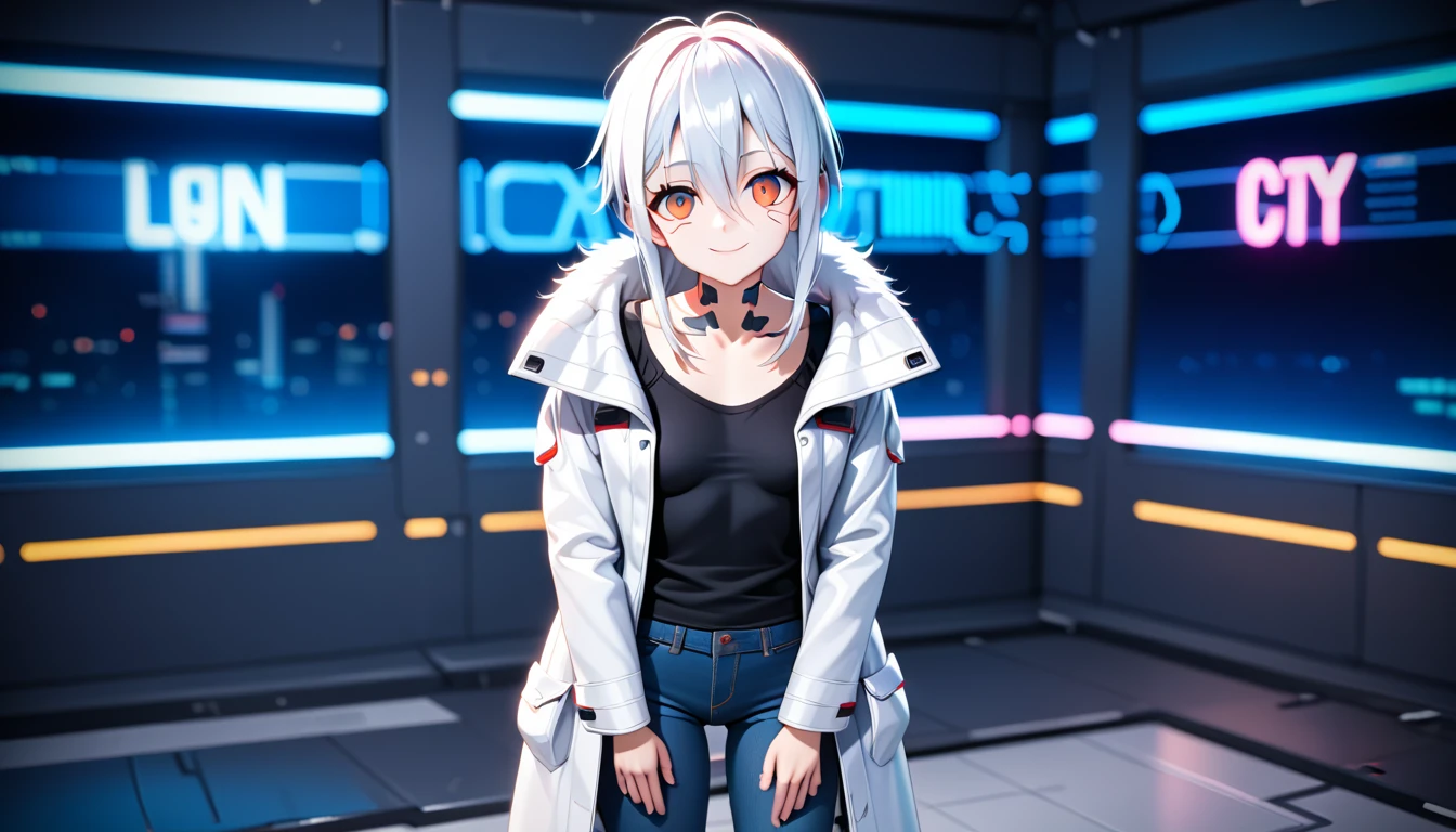 1girl, , slim, small breasts, white hair, hairs between eyes, shoulder length hair, pale skin, bright red eye:1.3, white duffle coat and long-sleeve black sweater, open jacket, jeans, gold pocket watches hanging from the neck, BREAK kawaii, smile, cowboy shot, pose, (cyberpunk night city:1.3), neon light, (light particle:1.3), BREAK smooth skin, cinematic lighting, volumetric shadow, BREAK 3D CG illustration, score_9, score_8_up, score_7_up, (masterpiece:1.2), (best quality:1.2), (very aesthetic:1.2), (absurdres:1.2), (detailed background), newest, (intricate:1.2), ai-generated, BREAK