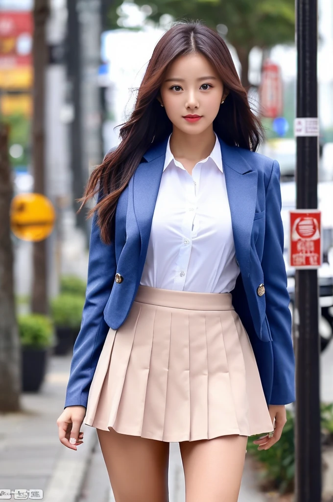 a 18 year old girl, she is the most beautiful actress in the world, the perfect body proportions of this girl in the uniform, the blazer is appropriately buttoned up on the formal shirt above the short skirt that's hardly covering the panties between her bare legs, it's only one description of one body, above her head and below her feet are no space, the front of her body, looking forward to viewer, she is standing, at the city street, nsfw, best quality, highly detailed, masterpiece, ultra high res, photo realistic, 8k, RAW photo