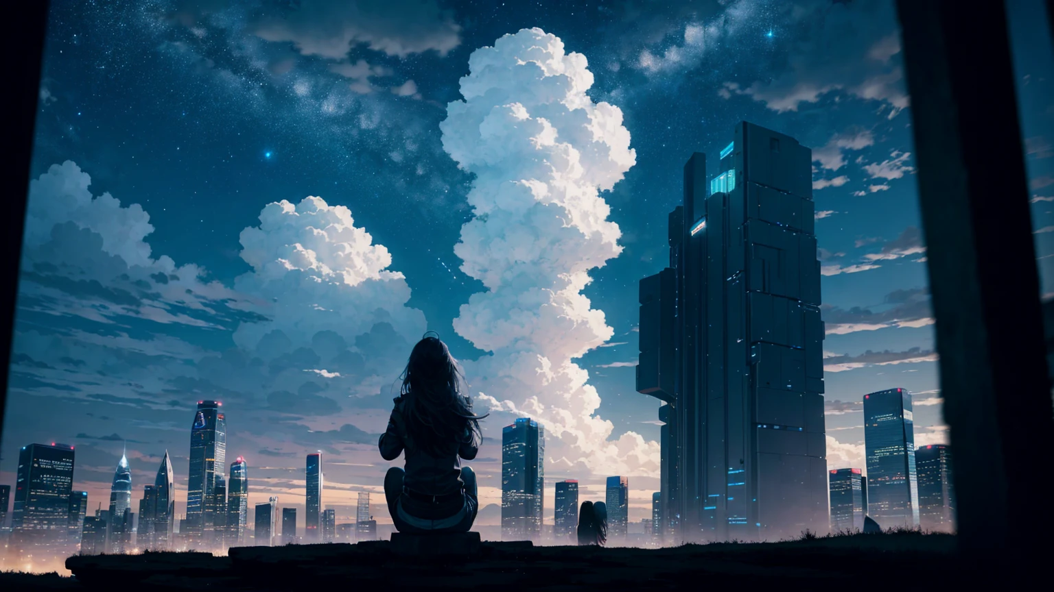 octane, Sky, Star (Sky), landscape, Starry Sky, night, 1 Girl, night Sky, Solitary, outdoor, architecture, cloud, Milky Way, sit, Tree, Long hair, City, contour, Cityscape