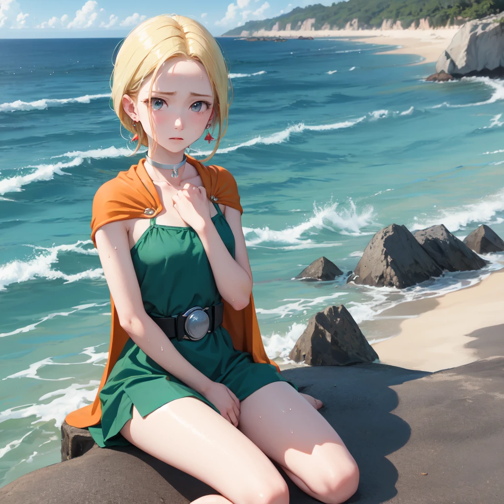 masterpiece, Highest quality, DQ Bianca, Single Blade, Earrings, choker, Orange Cape, Green Dress, belt, Small breasts, Sitting, Upper Body, Leg spread, Chest, Turn your body forward, hot, Sweating a lot, Wipe away sweat, looking at the camera, Ocean辺, Ocean, angry