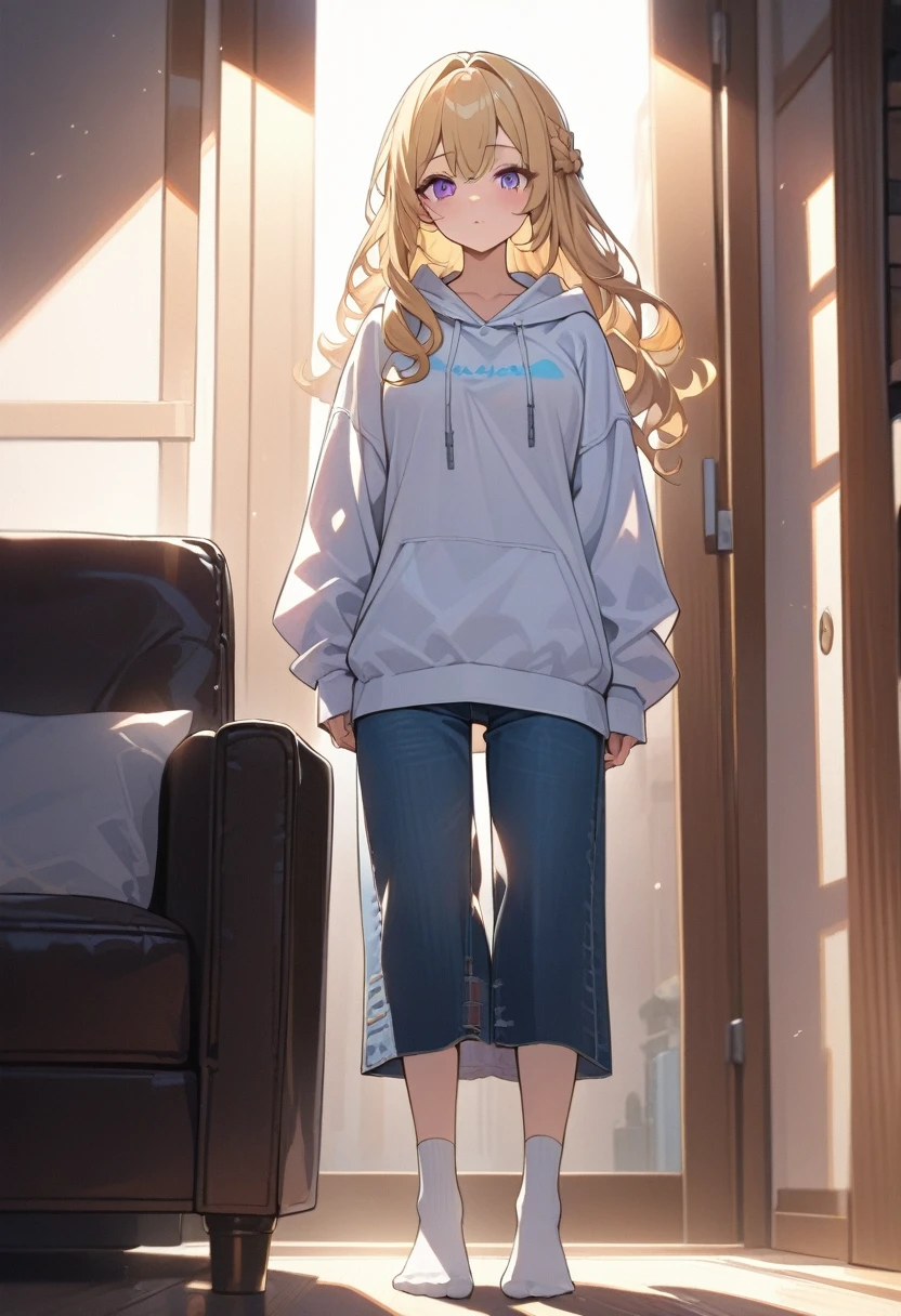 masterpiece, best quality, extremely detailed, ultra detailed, flat anime, 2D, 1girl, (young adult:1.2),blonde hair, (semi-long hair:1.2), curly hair, french braid, medium breasts, purple eyes, tsurime, height 1.7meters, white hooded sweatshirt, jeans,bracelet, long sleeves,socks, full body, portrait, Top Light, spotlight
, , very interesting, summer, livingroom, standing