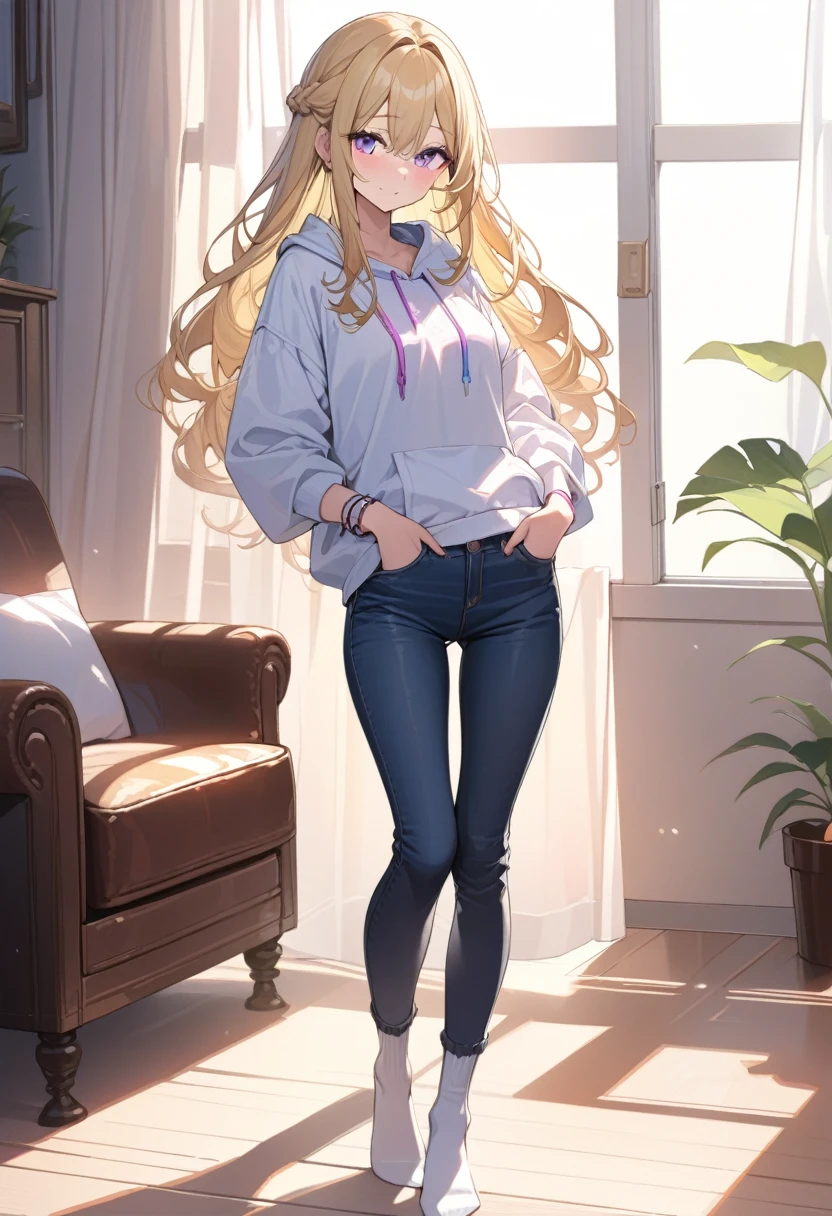 masterpiece, best quality, extremely detailed, ultra detailed, flat anime, 2D, 1girl, (young adult:1.2),blonde hair, (semi-long hair:1.2), curly hair, french braid, medium breasts, purple eyes, tsurime, height 1.7meters, white hooded sweatshirt, jeans,bracelet, long sleeves,socks, full body, portrait, Top Light, spotlight
, , very interesting, summer, livingroom, standing