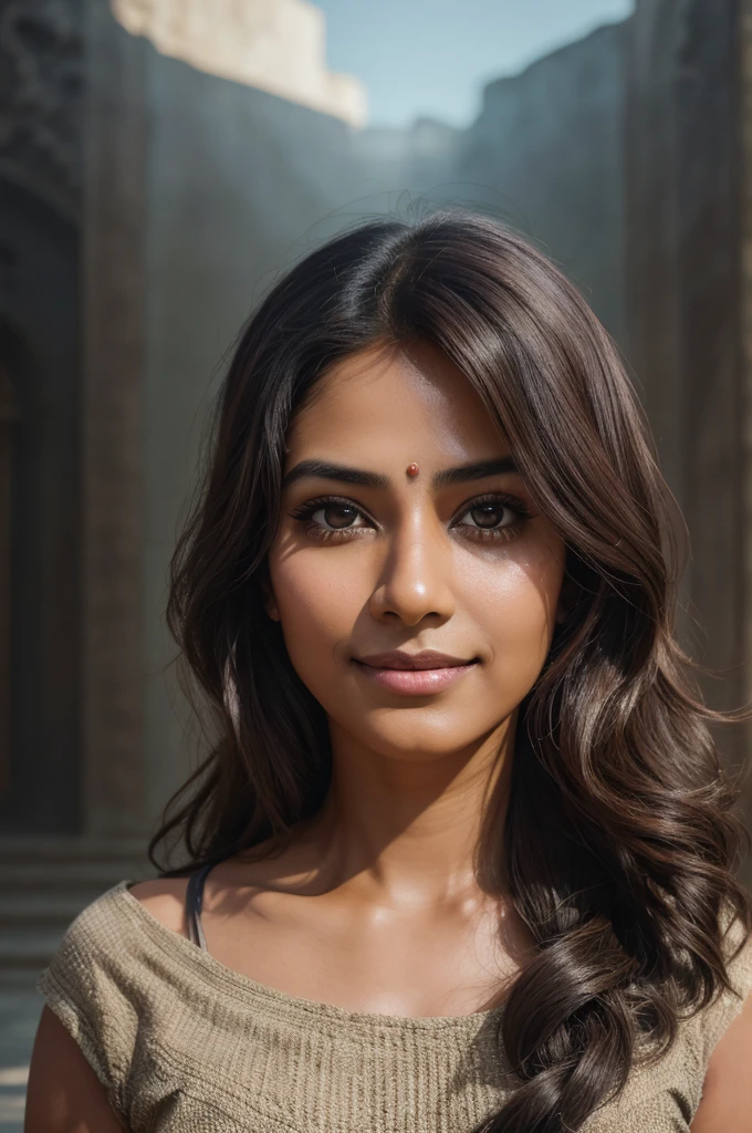 rmx, 30 year old Mexican woman, brown wavy hair, longeyelashes, solid circle eyes, light smile, Surrealism, drop shadow, atmospheric perspective, Conceptual art, Renaissance, 8k, super detail, ccurate, best quality with indiam boy