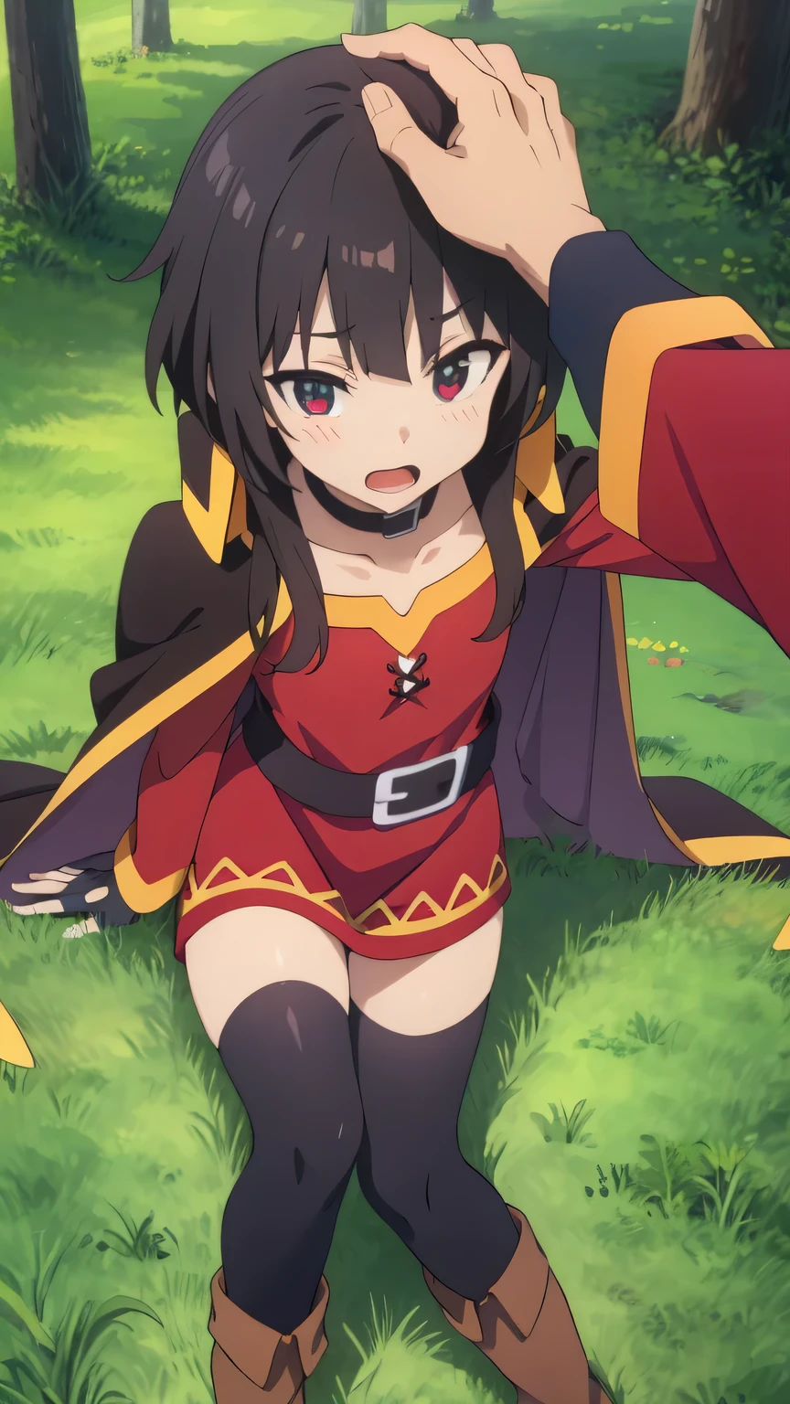 {{{masterpiece}}}, {{{best quality}}}, {{ultra-detailed}}, {illustration}, {{an extremely delicate and beautiful}}, (beautiful detailed eyes:1.6), extremely detailed face, extremely detailed CG, (perfect hands, perfect ), 16k, anime face, Megumin(konosuba), megumindef, cute face, short hair, black hair, sidelocks, red eyes, Red clothes, long sleeve, black cape, fingerless gloves, black choker, black belt, bandage on right leg, black high socks on left foot, brown boots, thighs, zettai ryouik, BREAK, (HeadpatPOV, pov, headpat:1.15), face focus, open mouth, embarrassed, upturned eyes, flushed cheeks, looking at viewer, outdoor, daytime, forest, field