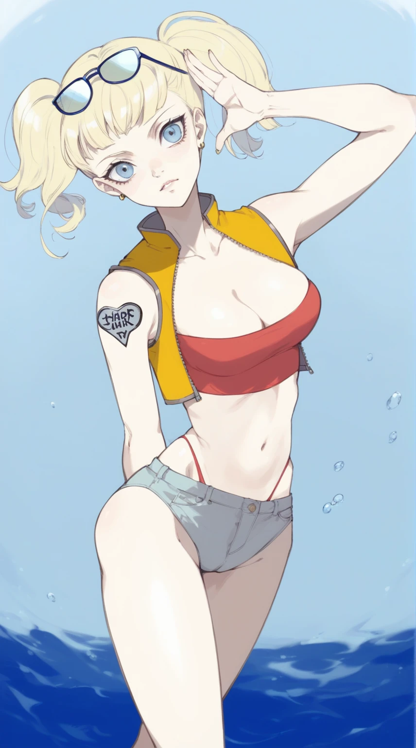 anime girl in a bikini with a life jacket and sunglasses, misty from pokemon, full body:: sunny weather::, full body portrait of a short!, android 18, high quality fanart, faye valentine, anime woman fullbody art, high quality colored sketch, female protagonist 👀 :8, cushart kenz, by Shingei, highly detailed exquisite fanart