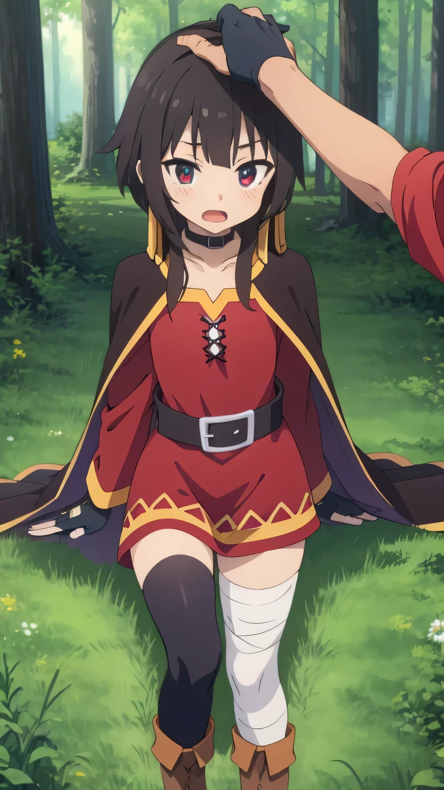 {{{masterpiece}}}, {{{best quality}}}, {{ultra-detailed}}, {illustration}, {{an extremely delicate and beautiful}}, (beautiful detailed eyes:1.6), extremely detailed face, extremely detailed CG, (perfect hands, perfect anatomy), 16k, anime face, Megumin(konosuba), megumindef, cute face, short hair, black hair, sidelocks, red eyes, Red clothes, long sleeve, black cape, fingerless gloves, black choker, black belt, bandage on right leg, black high socks on left foot, brown boots, thighs, zettai ryouik, BREAK, (HeadpatPOV, pov, headpat:1.15), face focus, open mouth, embarrassed, upturned eyes, flushed cheeks, looking at viewer, outdoor, daytime, forest, field