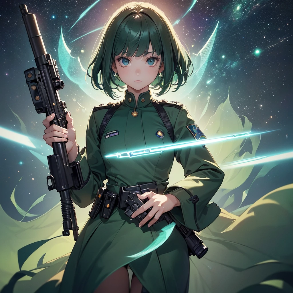 (Fantasy Illustration:1.2), (Front facing,Standing,Delicate facial expression,Perfect hands and fingers,One person:1.5), (anime,8k,masterpiece, Highest quality, Highest quality,beautifully、aesthetic:1.2,Professional illustrations:1.1,Super detailed:1.3,Perfect lighting), Very detailed, Most detailed, Incredibly absurd, High resolution, Super detaileded, Complex:1.6, (girl), Very exquisite beautiful face and eyes, Beautiful Hair, Bob Hair, Blunt bangs, ( Dark green open-necked space police uniform,Gun in one hand:1.5), Guess the skin, (Abstract:1.2), cute, (Small stature)