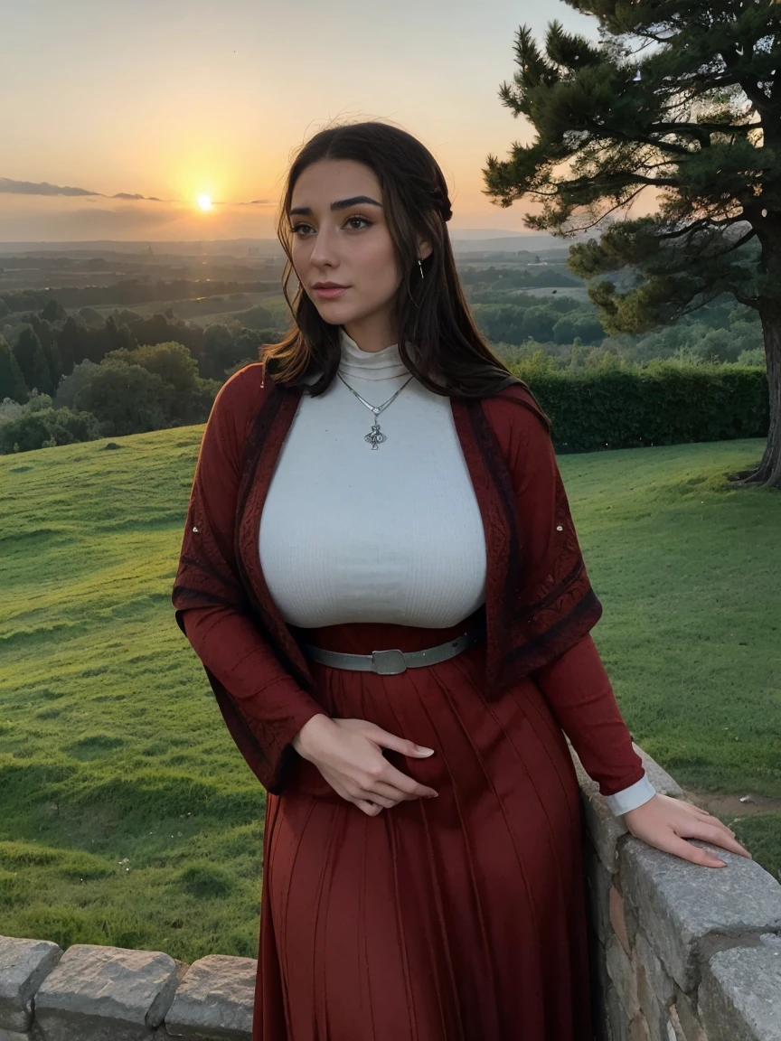 Gorgeous and sultry busty athletic (thin) brunette queen with sharp facial features wearing a modest updo, dark red medieval dress, long sleeves, intricate patterns, scrollwork, wide neck, crown, veil, long dress, modest dress, tight bodice, silver belt, (waist chain), medieval jewelry, Middle Ages, castle, rampart, wall, exterior, on top of a castle wall, trees, countryside, evening, sunset. large breasts.